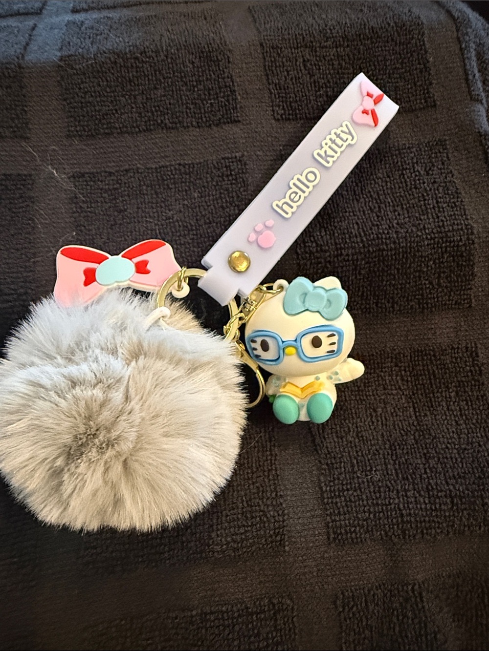 Hello Kitty Pastel Charm Keychain with Gray Faux Fur Pom